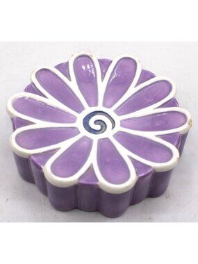 Purple Glaze Ceramic Daisy Flower Trinket Soap Dish Scallop White Detailing Vtg